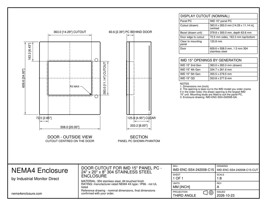 Sample approval drawing: dimensioned door cutout for the 24 × 20 × 8 in 304 stainless enclosure